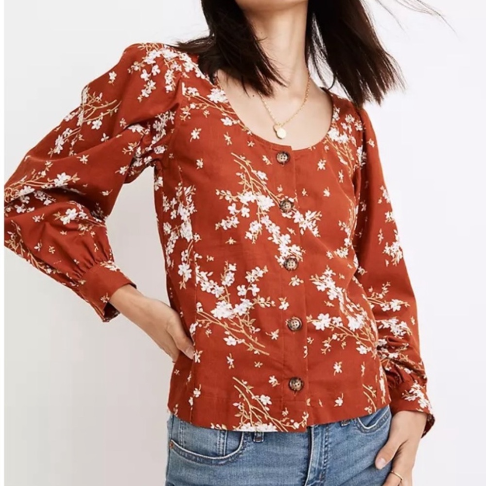 Madewell Corduroy Button Blouse in Floral Burnt Orange